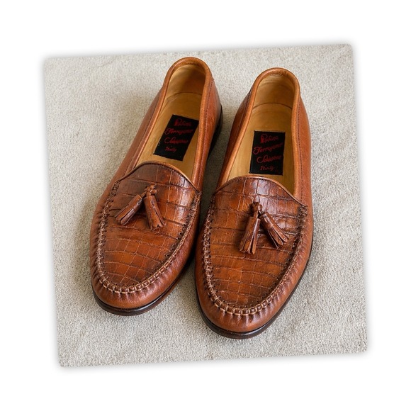 Vintage Rosina Ferragamo SCHIAVONE Brown Croc Embossed Tassel Loafers Men\'s 8D main image 2